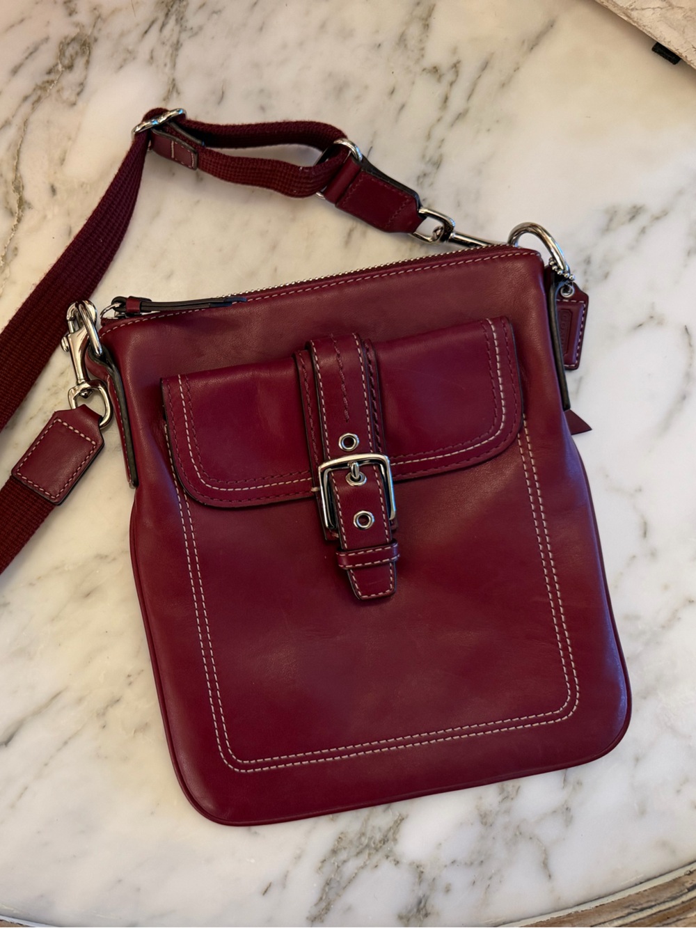 Vintage Coach Burgundy Leather Crossbody Bag with Front Buckle Topstitching